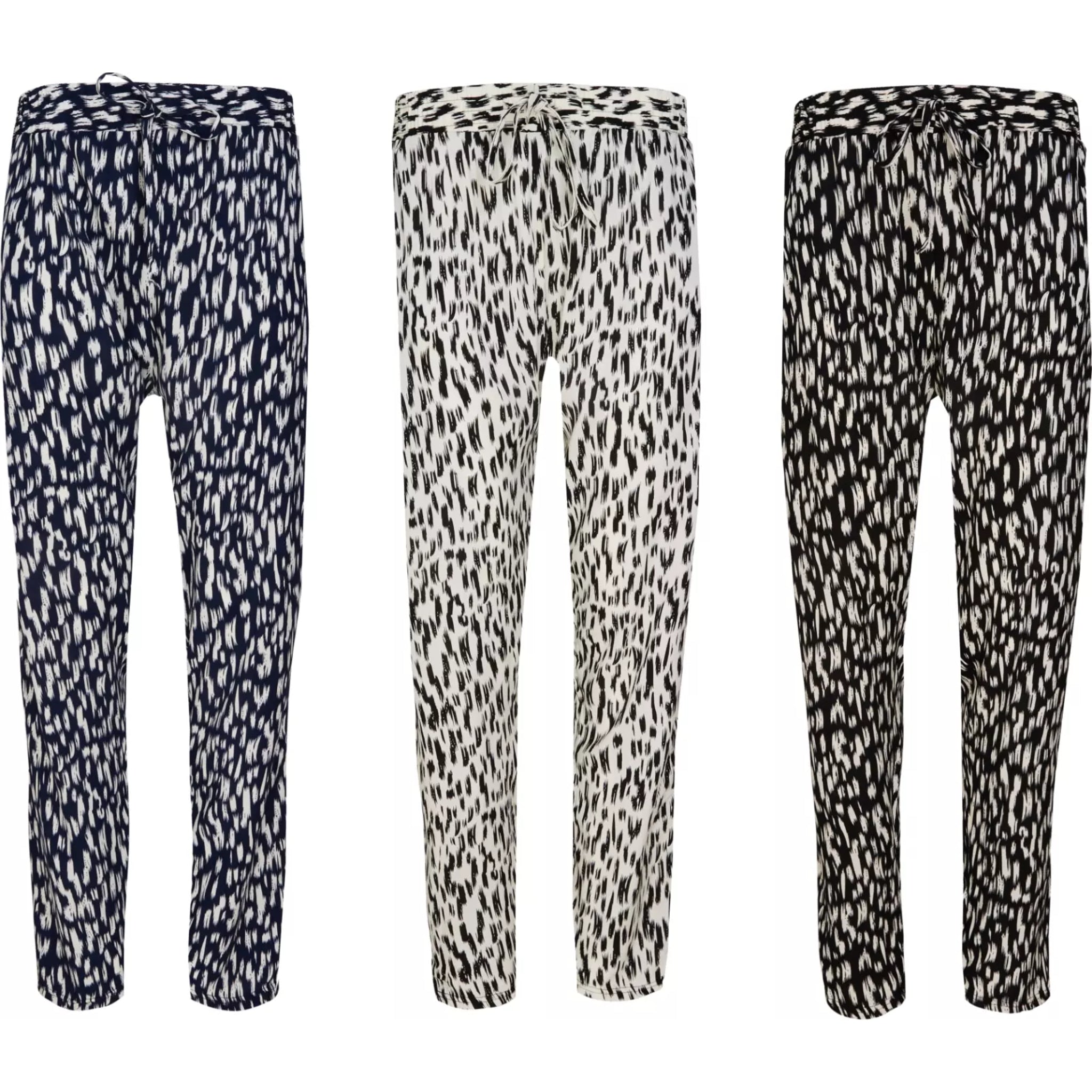 Ladies Black Navy White Flecked Print Summer Trousers Lightweight Casual Pants